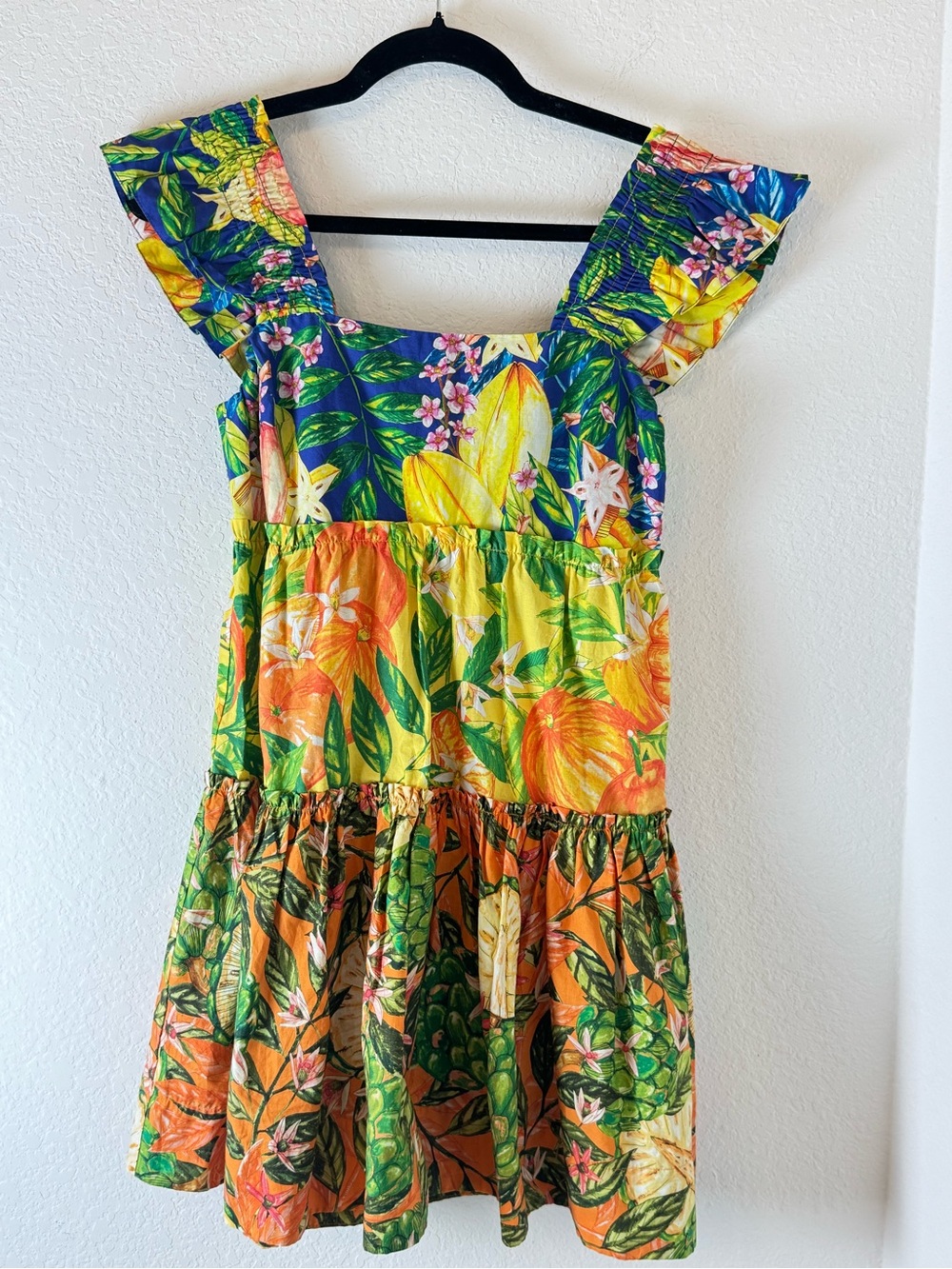 Farm Rio Tropical fruit Floral Tiered Dress vacation beach size XS